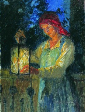Nikolay Petrovich Bogdanov Belsky Painting - girl with latern Nikolay Bogdanov Belsky